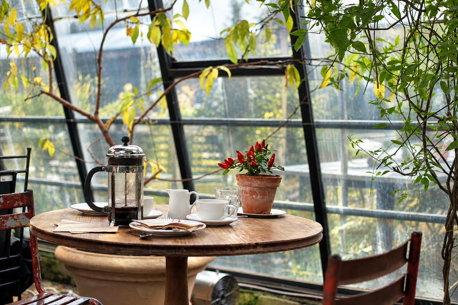 Cafe table by a glass wall, after light, color and clarity