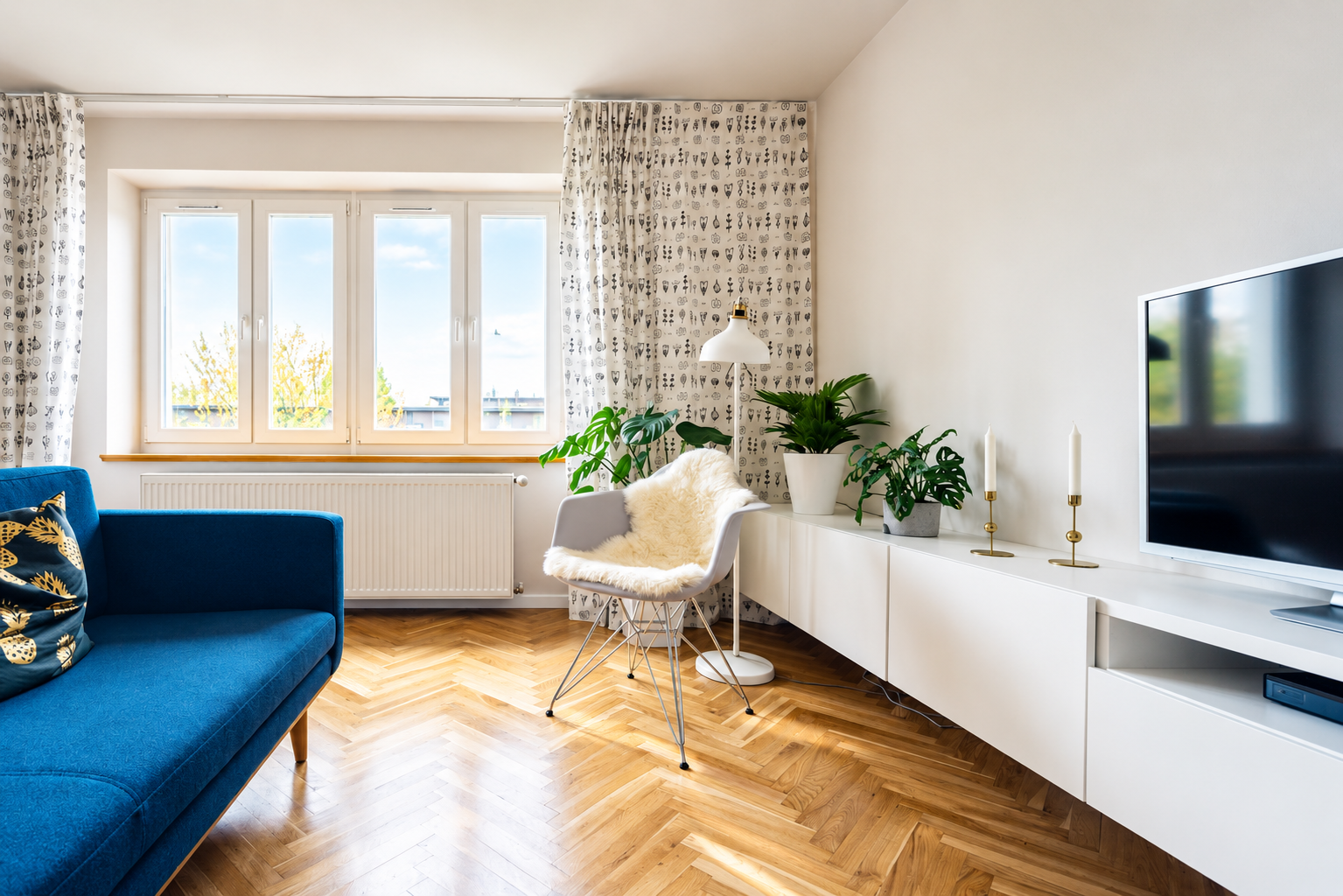 Living room with a blue sofa, after light, color and clarity