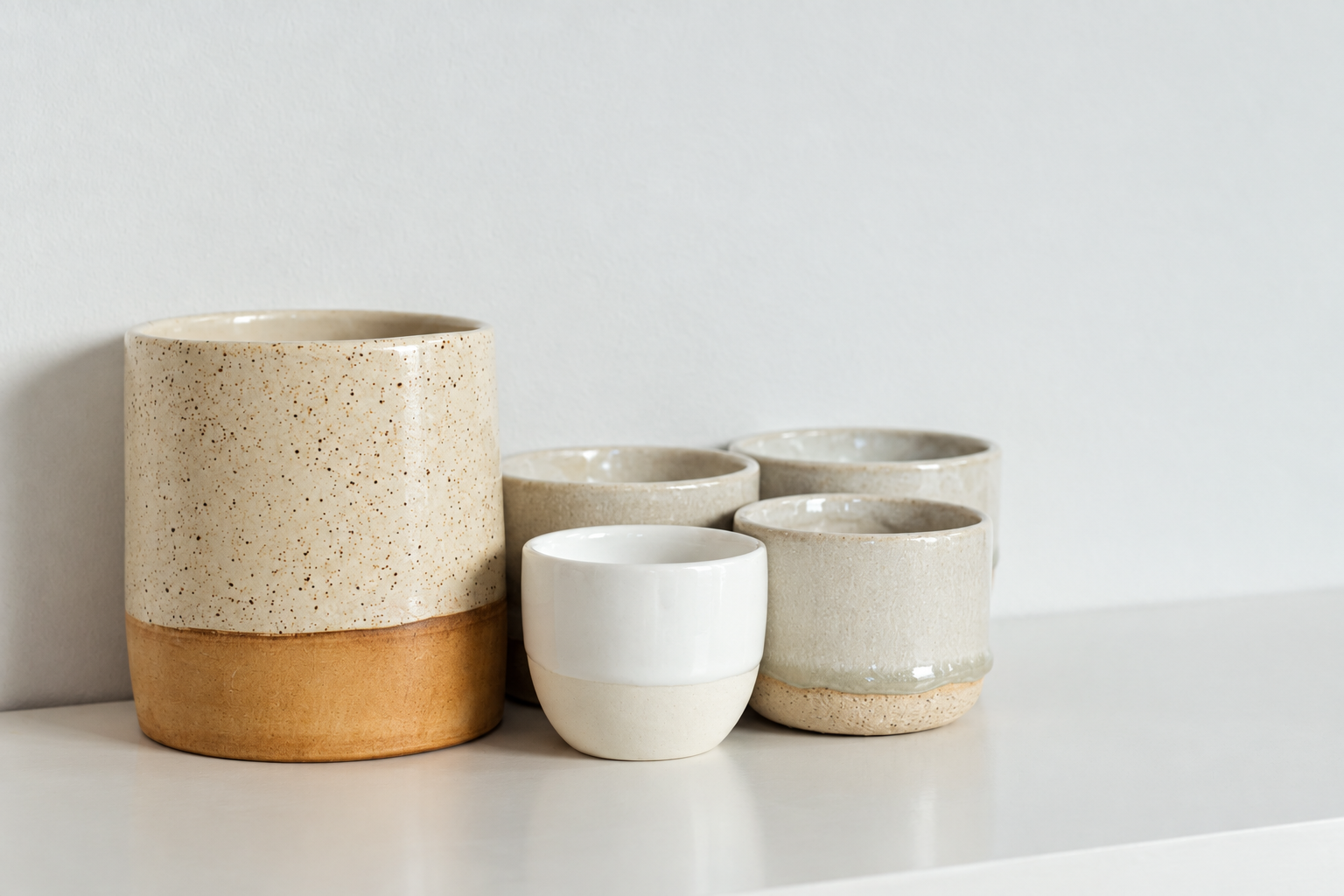 Ceramic cups on a white shelf, after light, color and clarity